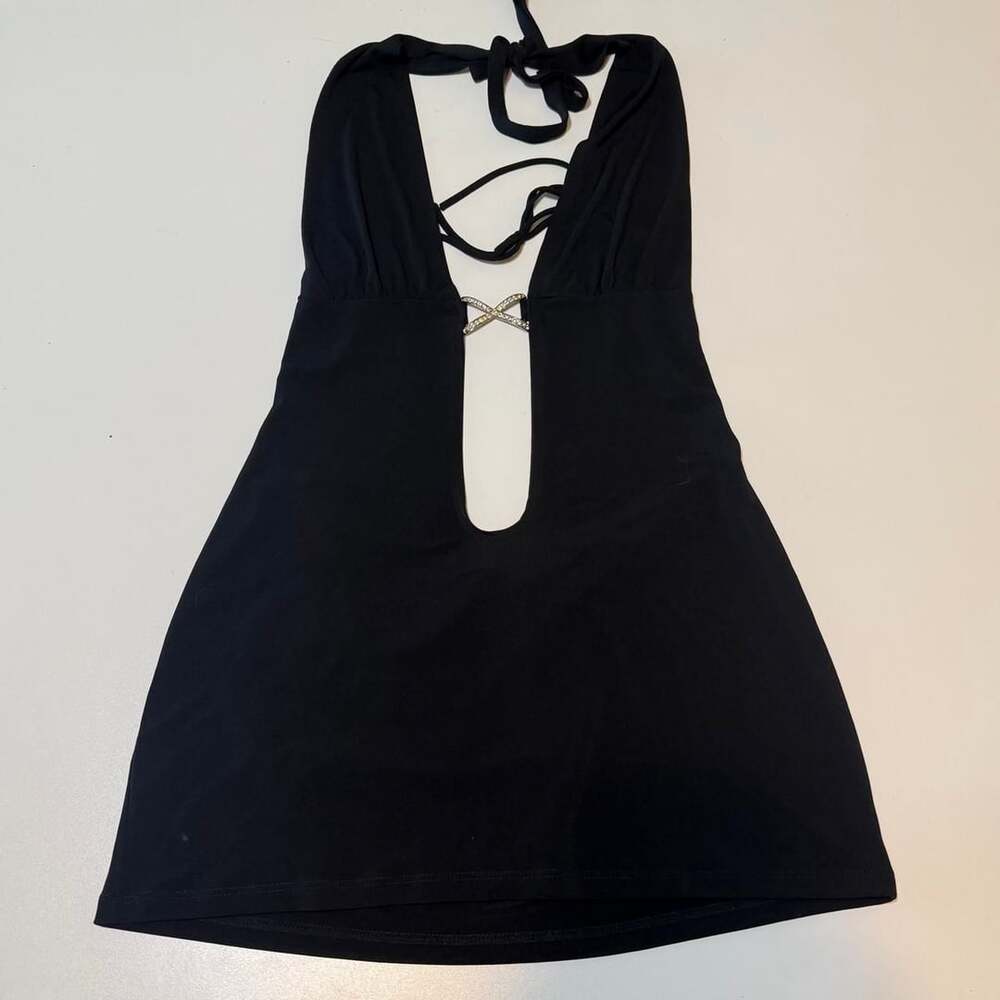 Vintage Rare 1980s Monamel Clubwear Open Back Black Halter Top Tie Detailing
